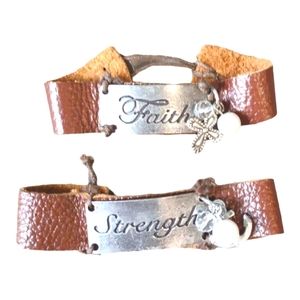 Faith and Strength Leather Brown Bracelet Or Craft Charm Accents Bundle